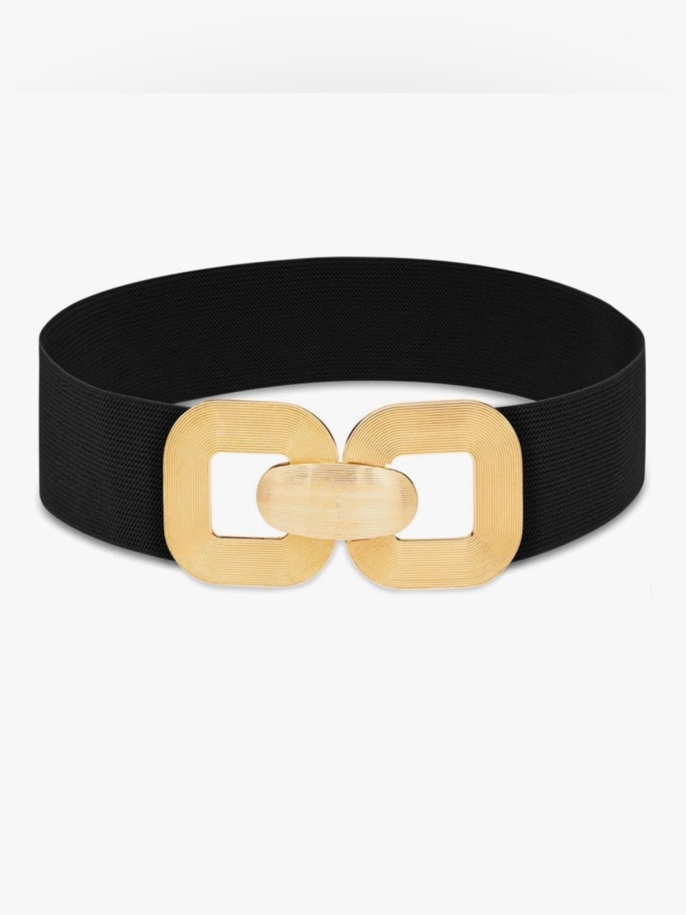 (2.25”) Wide Black Elastic Waist Belt with Gold Interlocking Buckle.